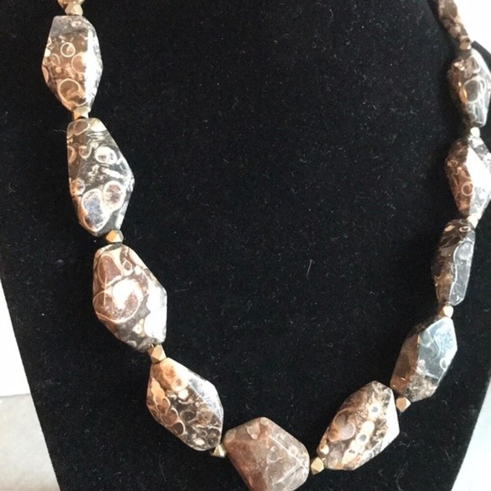Vintage Handmade Turritella Agate Brass Beads Sterling Clasp Necklace 18"